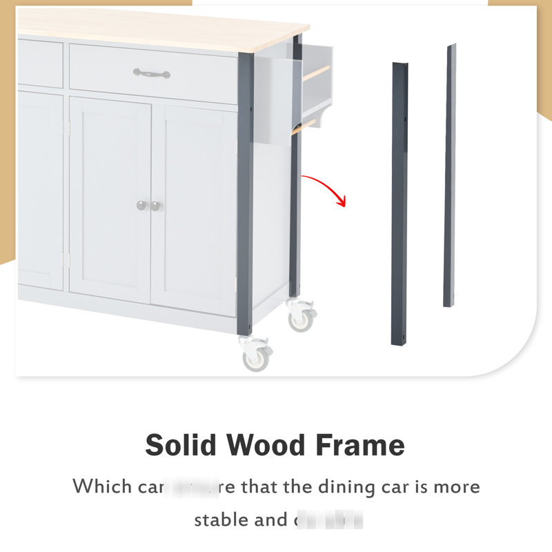 Solid Wood Kitchen Island Cart In Grey Blue Color, 4 Door Cabinet, 2 Drawers, Spice Rack & Towel Holder, Locking Wheels With Top And Adjustable Shelves, Rack,