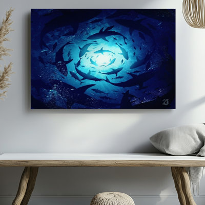 Underwater Sharks Swarming Ocean Scene Blue Marine Life Decor Canvas Wall Art Print For Living Room, Bedroom, Office, Hallway, Entryway, Gallery Wall And Modern Home Decor