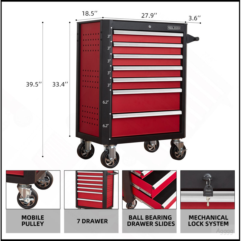 Coffre à outils à 7 tiroirs avec roulettes et tiroirs verrouillables, armoire de rangement pour outils mobile l 18,5 po x l 28 po x H 39,5 po, organisateur de garage robuste avec poignée ergonomique