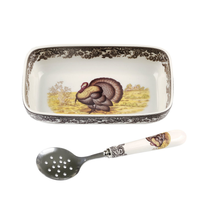 Spode Woodland Turkey Cranberry Dish W-Slotted Spoon