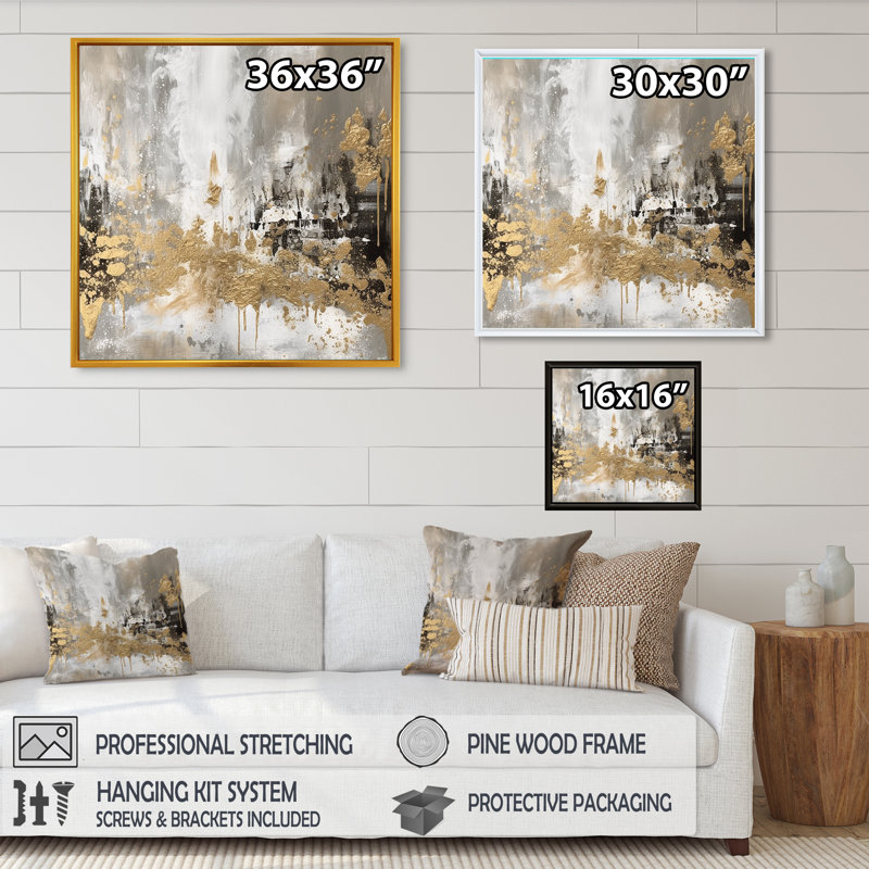 Demetry Modern Golden Abstract - Art mural abstrait, L 36 po x H 36 po, Reproduction avec cadre flottant, Doré