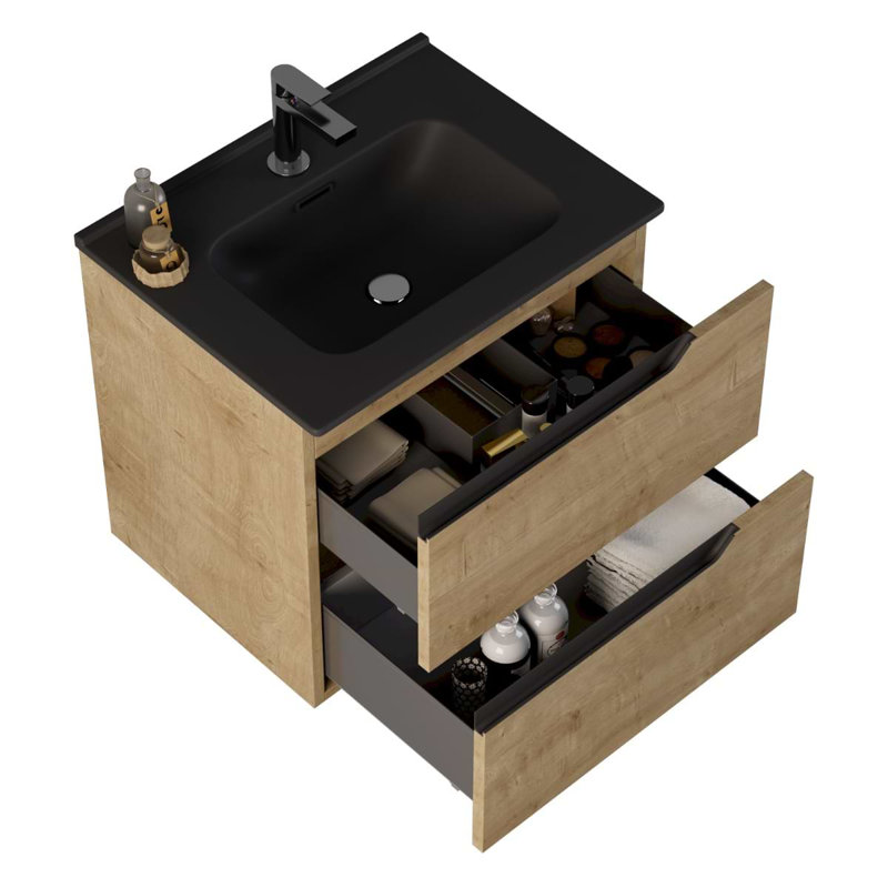Duo 24" Single Vanity With Integrated Ceramic Top, Black, 24", Blonde Wood