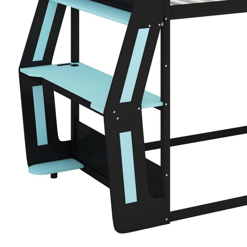 Lit superposé double pleine grandeur avec bureau RVB latéral et ports de charge USB, lit superposé en bois avec bande lumineuse à DEL