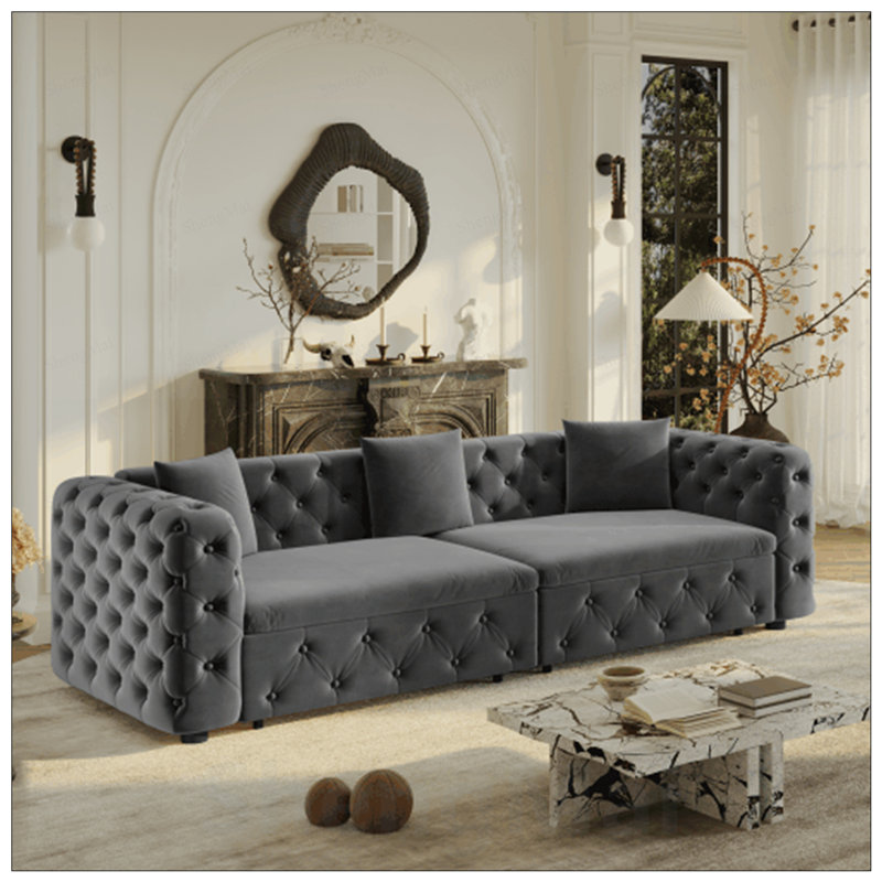 Très grand canapé-lit multifonctionnel, canapé-lit coulissant 3 en 1, canapé classique en velours 4 places avec design capitonné, comprend 3 coussins décoratifs, convient aux appartements et aux salons