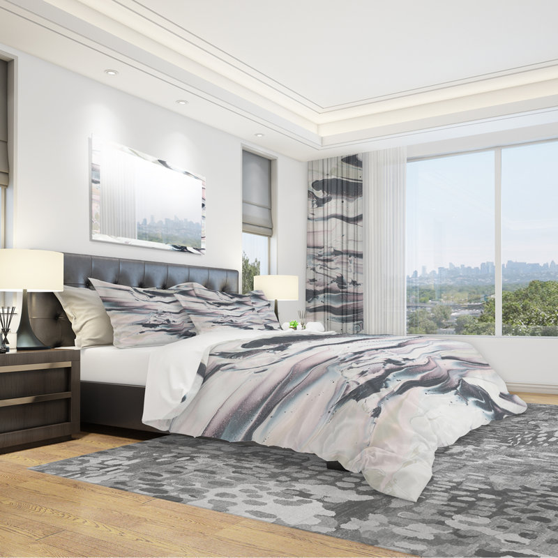 Grey Marbling V - Modern Transitional Duvet Cover Set - Microfiber Polyester, King Duvet Cover + 2 Shams