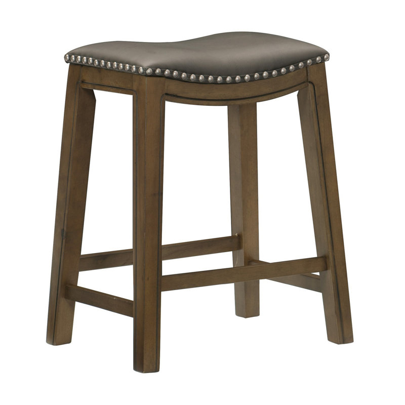 Tabouret à hauteur de comptoir 26 po, siège en similicuir gris, bois massif brun