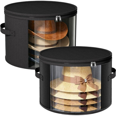  2 Pack Large Clear Hat Storage Boxes, Hold Up To 7-9 Hats, Hat Organizer For Closet, Sturdy & Foldable, Hat Box With Carrying Handles For Round Brim, Wide-Brim, Cowboy, Sun Hat (Black)