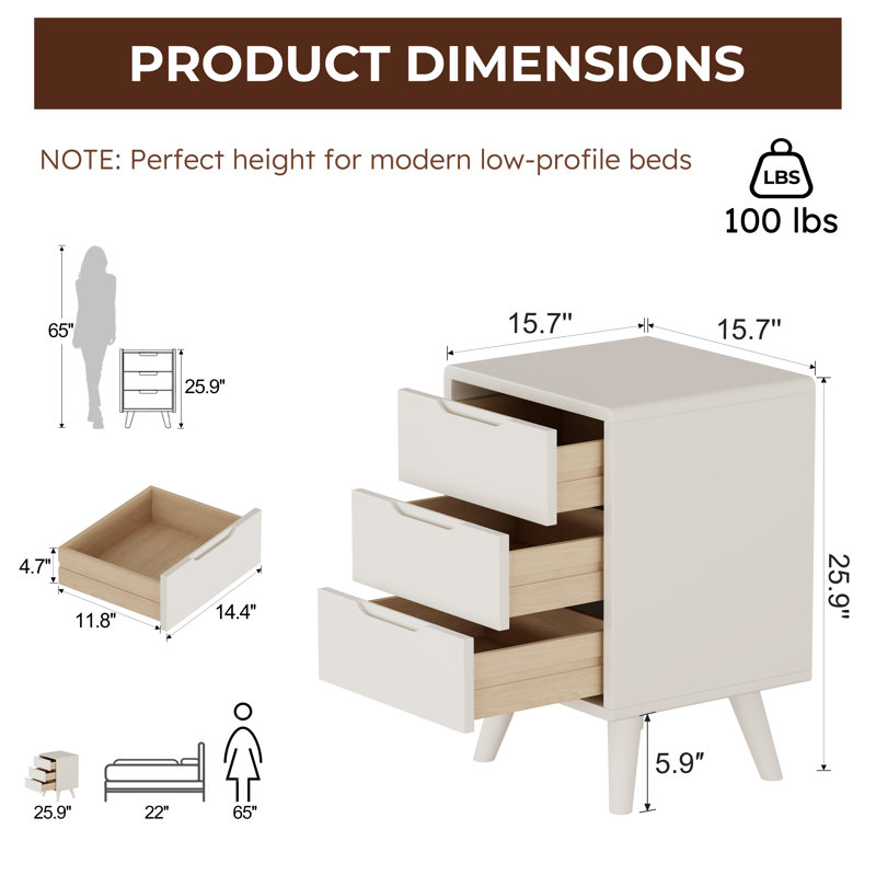 Modern Solid Wood 3-Drawer Nightstand, Bedroom Storage Unit, 3 Drawers—25.87"H, White
