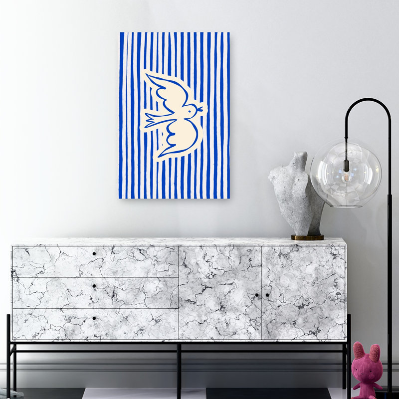 Flying Blue Striped Dove Abstract Modern Peaceful Bird Nature Wall Art Print 1 Piece Wrapped Canvas Wall Art