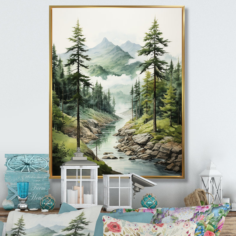 Pin vert, éternels gardiens I - pin, art encadré, 44" H x 34" W, Cadre flottant doré