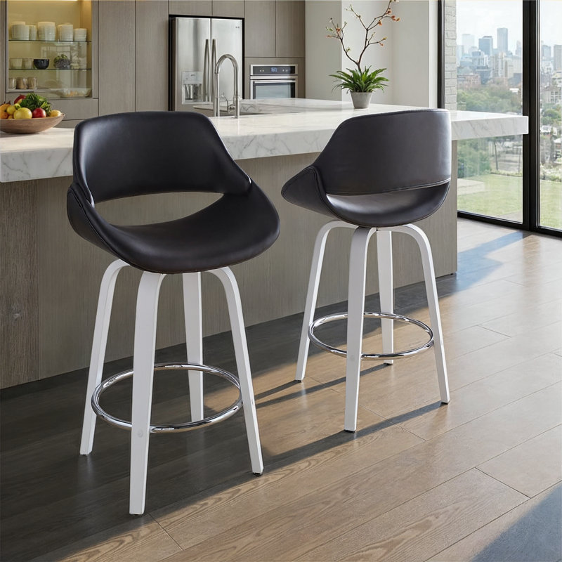 Najrin 26" Fixed-Height Faux Leather Counter Stool with Bent Wood Legs & Round Footrest (Set of 2), White/Chrome, Black