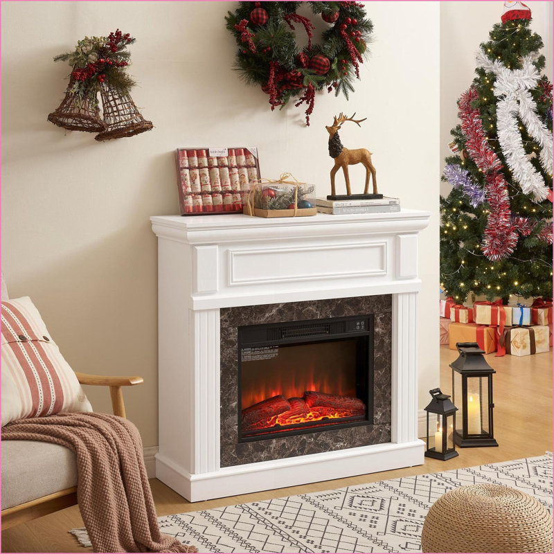 Electric Fireplace with Mantel, 23'' Insert, Adjustable Flame, Remote Control | Snow White | MDF/PB | 41.34Wx14Dx40H, White