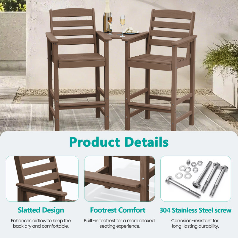 Wolak HDPE Outdoor Tall  Adirondack Chair With Table, Brown