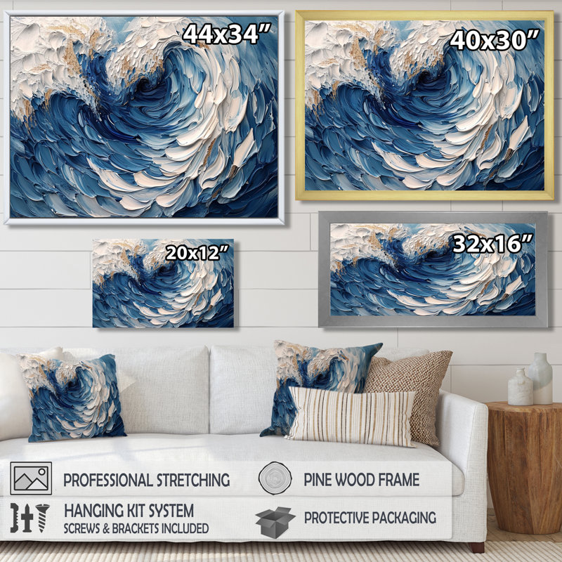 «Deep Blue Waves Wildness» - art mural vagues côtières, Toile tendue, H 16 po x l 32 po
