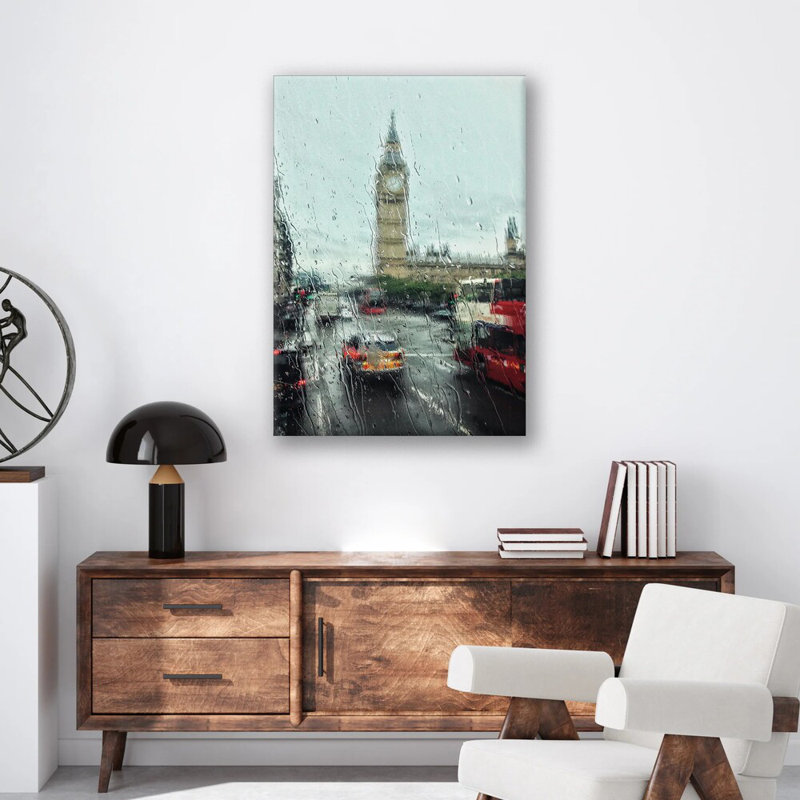 London Rain Print - City Weather Mood Wall Art - London Street Rainy Scene Canvas Poster - Atmospheric Urban Landscape Artwork - Travel UK Decor - Moody City Wall Hanging - Modern Home Decoration Art Print