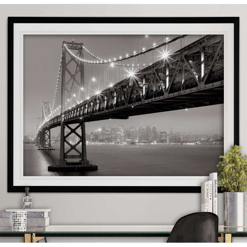 «Bay Bridge At Night», reproduction de peinture acrylique encadrée, H 26 po x l 36 po x P 1,5 po, Noir