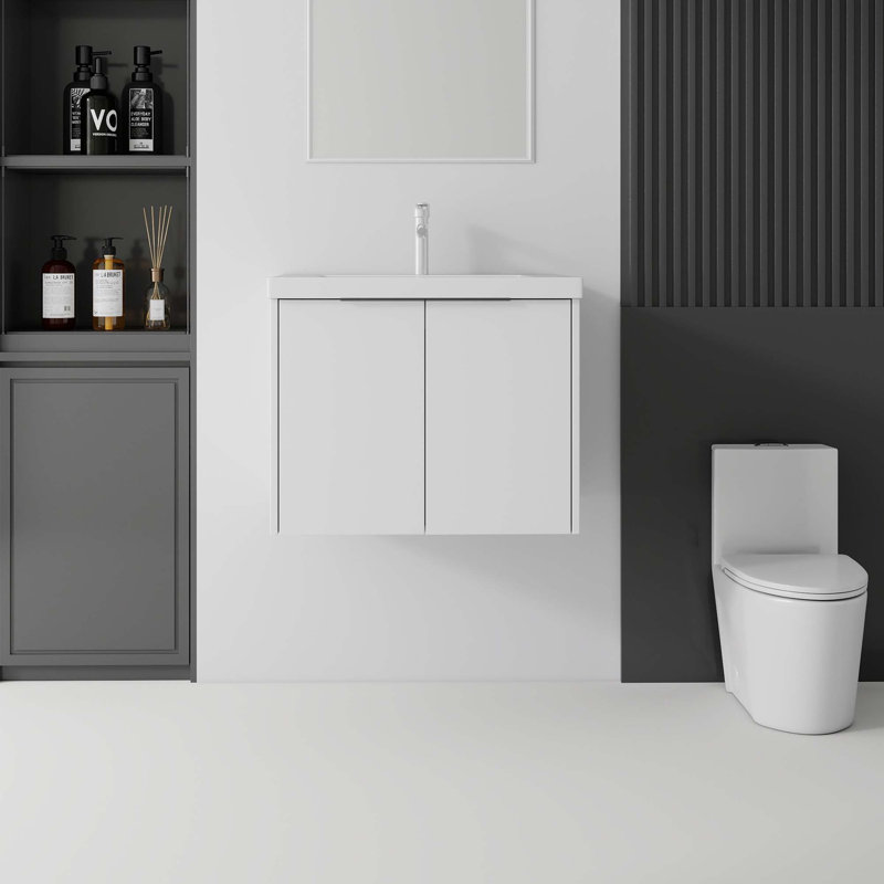 Meuble-lavabo flottant avec lavabo en céramique intégré et portes à fermeture en douceur, Blanc