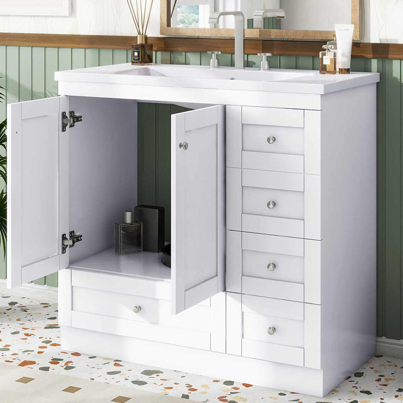 Meuble-lavabo simple 36 po avec plateau en céramique Rhyis, armoire avec 4 tiroirs à fermeture en douceur, Blanc