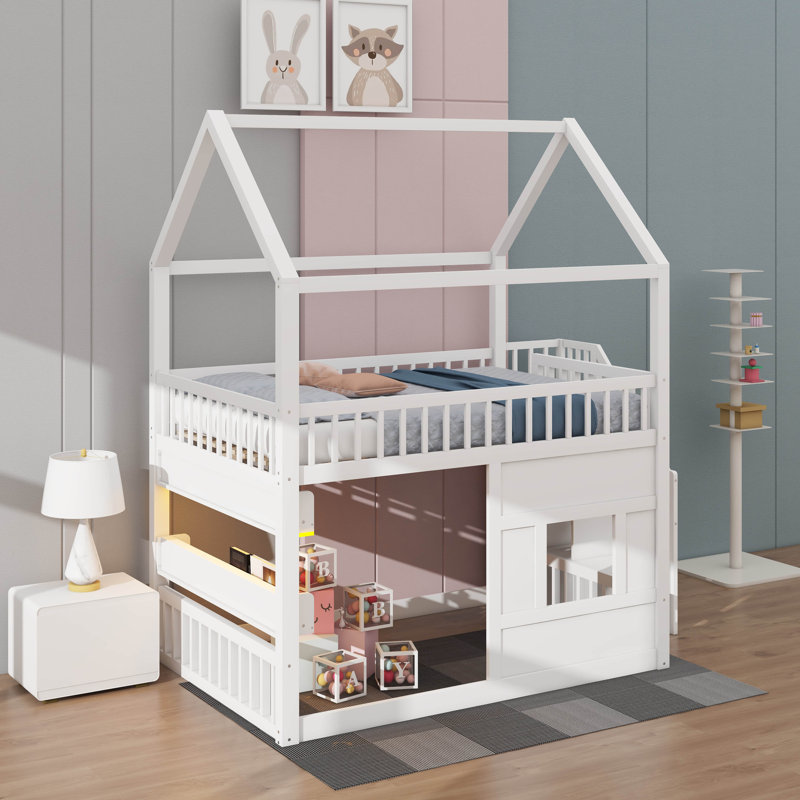 Full Size Residential Loft Bed With Built-In LED Shelf Illumination & Open Storage, Wooden Playhouse Loft Bed Complete With Roof And Window