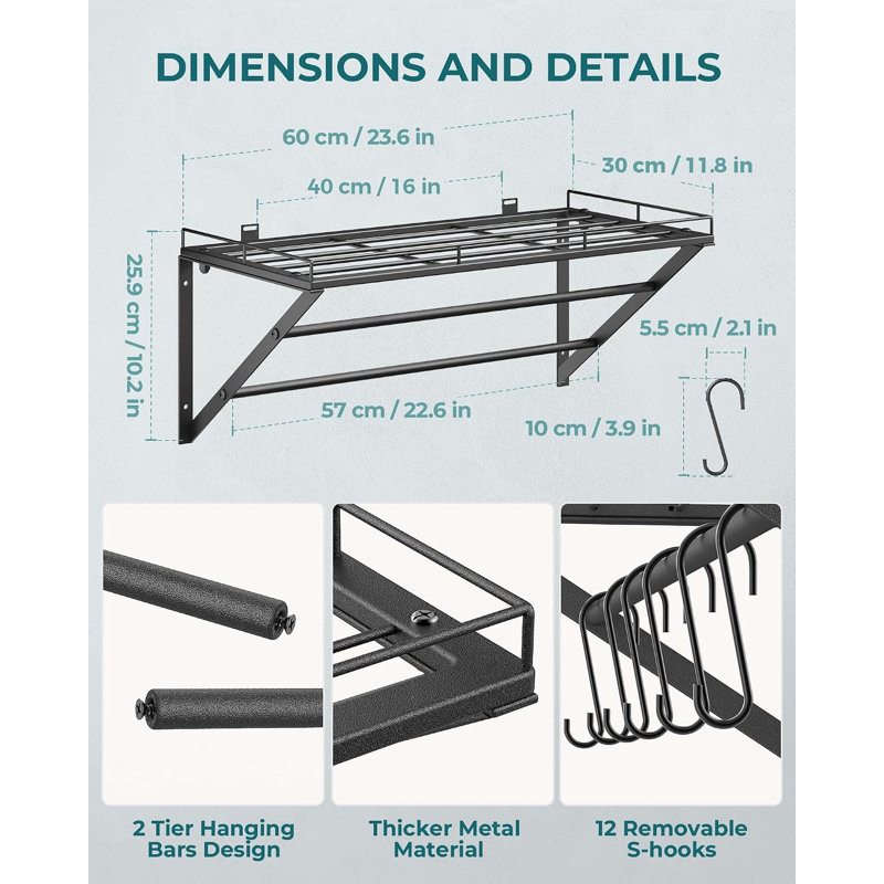 Support mural pour casseroles de 23 pouces, organisateur de casseroles avec 2 barres de suspension