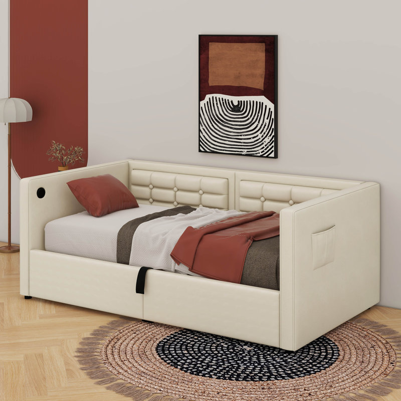 Upholstered Twin Size Daybed, Hydraulic Storage Twin Bed With USB & Type-C Charging, Bed Frame With Tufted Sofa Back, Beige