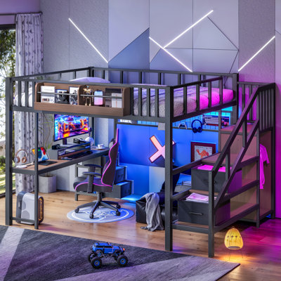 Lit mezzanine grand format avec bureau, escalier de rangement, tiroirs, éclairage DEL et ports USB, structure métallique robuste pour adolescents et adultes, noir