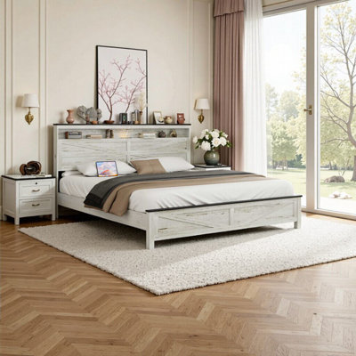 Élégant très grand lit avec tête de lit en bois et rangement dissimulé - blanc antique et gris, aucun sommier nécessaire