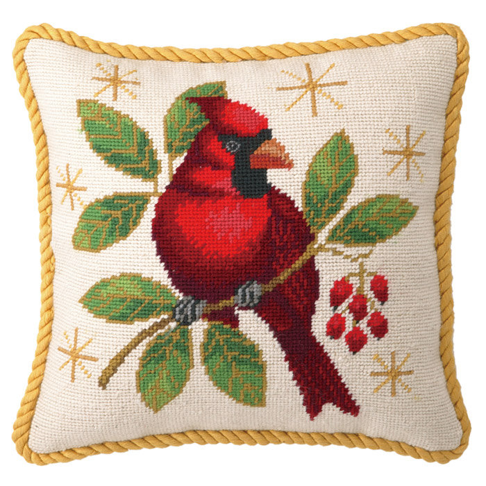 Winter Cardinal Needlepoint Holiday Throw Pillow - 12" Square