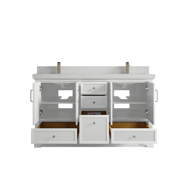 Ensemble de meuble-lavabo double 60 po avec plateau Alys, Quartz de Carrare
