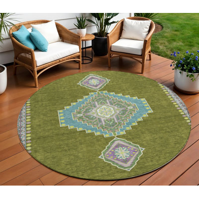 Tapis lavable intérieur / extérieur rond vert olive et ivoire HomeRoots 8 pi