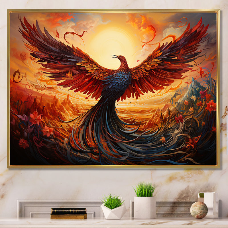 Art mural, résilience, renaissance du Phénix II, H 30 po x l 40 po x P 1,5 po, Cadre flottant doré