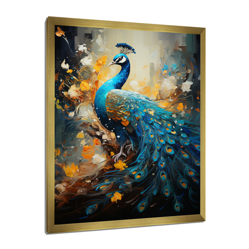 Sarcelle jaune émeraude paon gouttes II - reproduction sur toile, Cadre photo doré simple, H 32 po x l 16 po x P 1 po