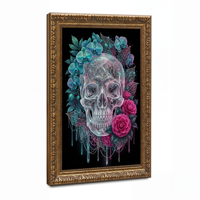 " Translucent Glowing Skull With Blue Orchids And Halloween " Painting, H 24 po x l 16 po