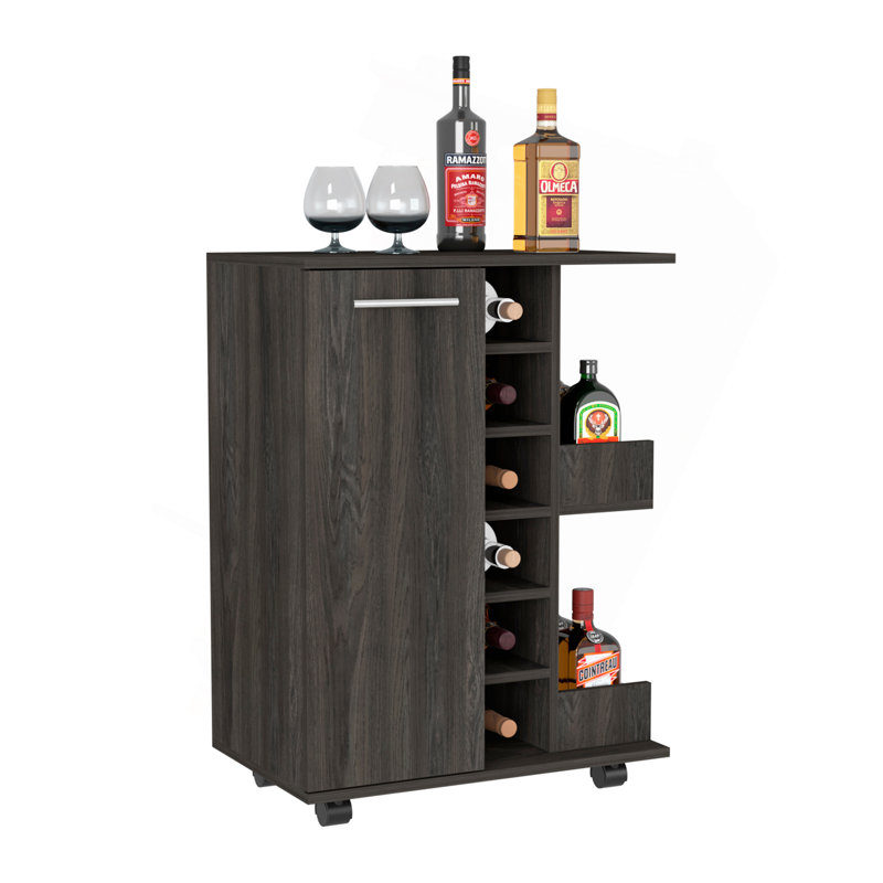 Chariot-bar espresso en carbone H 32 po, armoire de rangement, avec 4 roues, 1 espace de rangement divisé avec 1 tablette, 1 porte pliante, une division verticale centrale pour 6 bouteilles et 2 tablettes latérales avec façade en aluminium