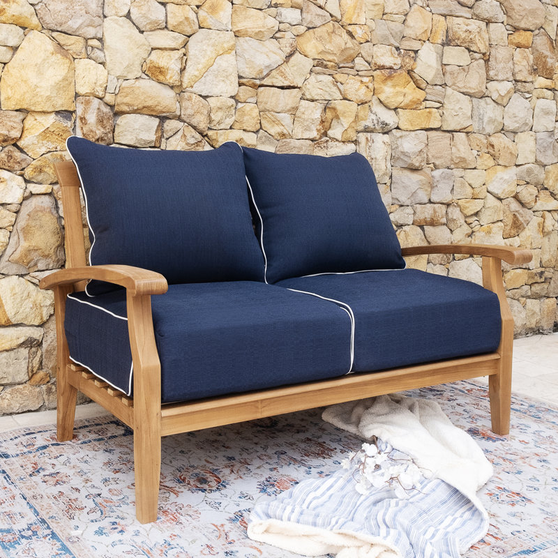 Ensemble de conversation en teck avec coussins 7 pièces Summerton, Passepoil bleu marine et blanc