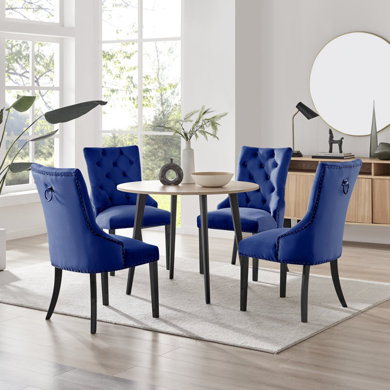 Bulkley Round Dining Table Set with 4 Velvet Dining Chairs - Scratch Resistant Melamine Surface, Green, Oak/Black