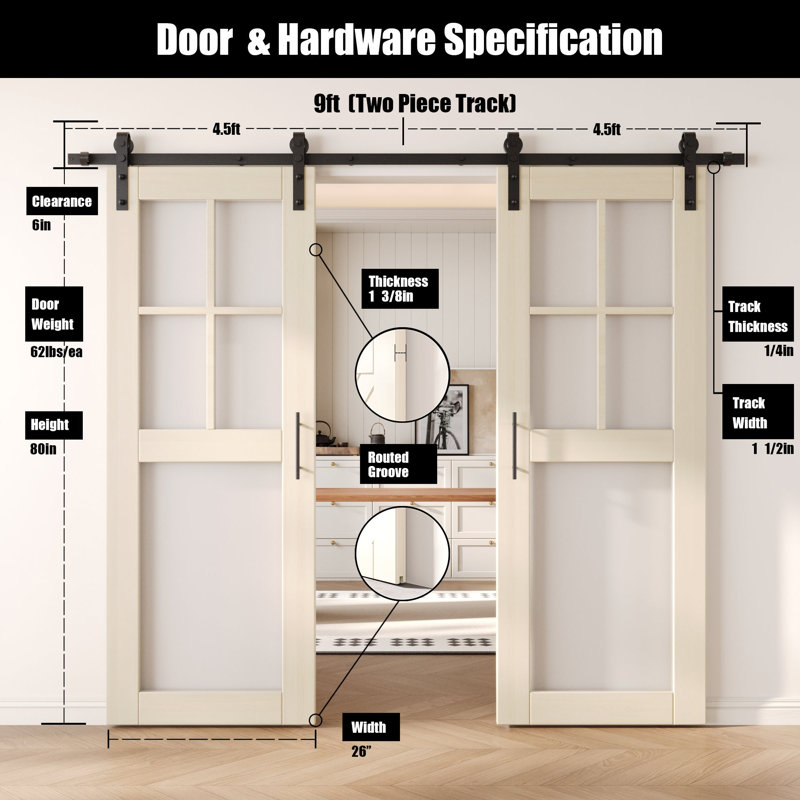 Portes de grange en verre givré non assemblées et finies de 26 po x 80 po à 5 lumières Homacer Tinsmith Grey, 26 po x 80 po