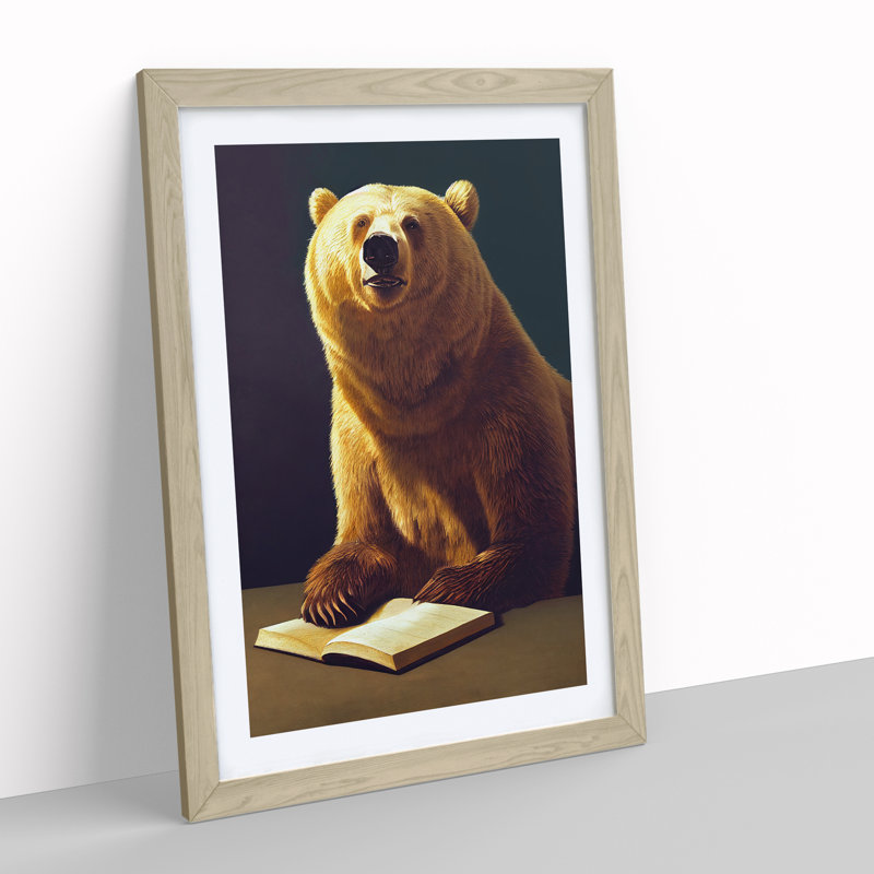 Bear Reading - Single Picture Frame Print, 64cm H x 46cm W x 2cm D, Oak Framed