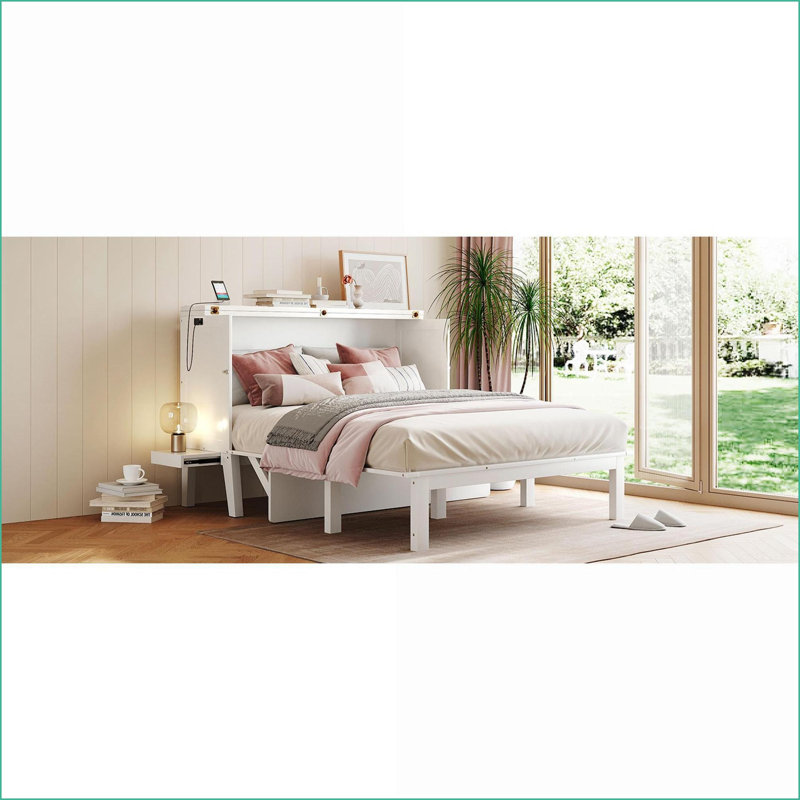 Grand lit en bois de pin massif Lit escamotable en panneau de fibres à densité moyenne avec ports USB Tablettes amovibles blanches pour les petits espaces
