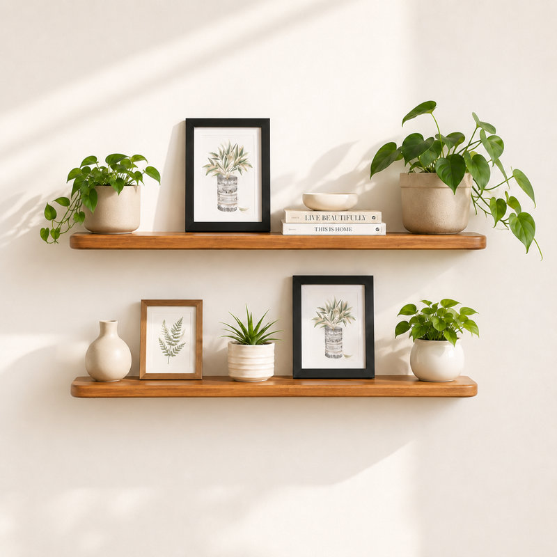 Set of 2 36" Acacia Wood Floating Shelves Wall Mounted (Round Edge), 1.18'' H X 36'' W X 7'' D, Brown