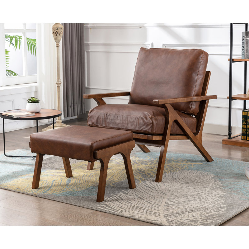 Juntier Faux Leather Armchair with Ottoman, Brown