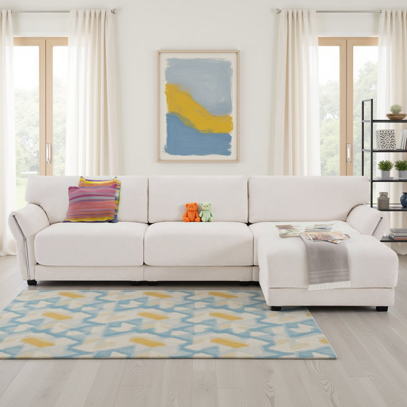 L-Shaped Modular Sectional Sofa 4-Seat Chenille Couch with USB/Type-C Chargers, Petal Armrests & Ottoman, Wood Frame