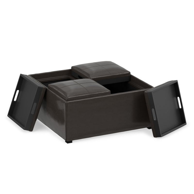 Avalon 35"W Upholstered Vegan Leather Modern Square Coffee Table Storage Ottoman with 4 Flip-Over Trays, Black