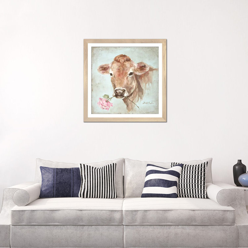 « Cow with Rose », reproduction, Cadre de coin ouvert en bois naturel, H 16 po x l 16 po x P 1 po