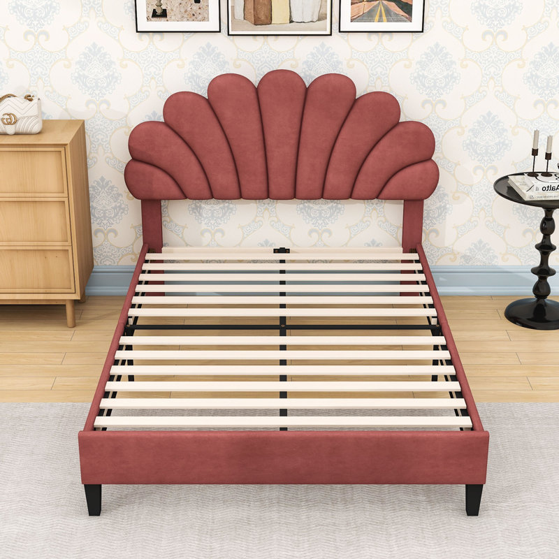 Upholstered Platform Bed with Artistic Flower Pattern Velvet Headboard and Slats, Full, Bean Paste Red