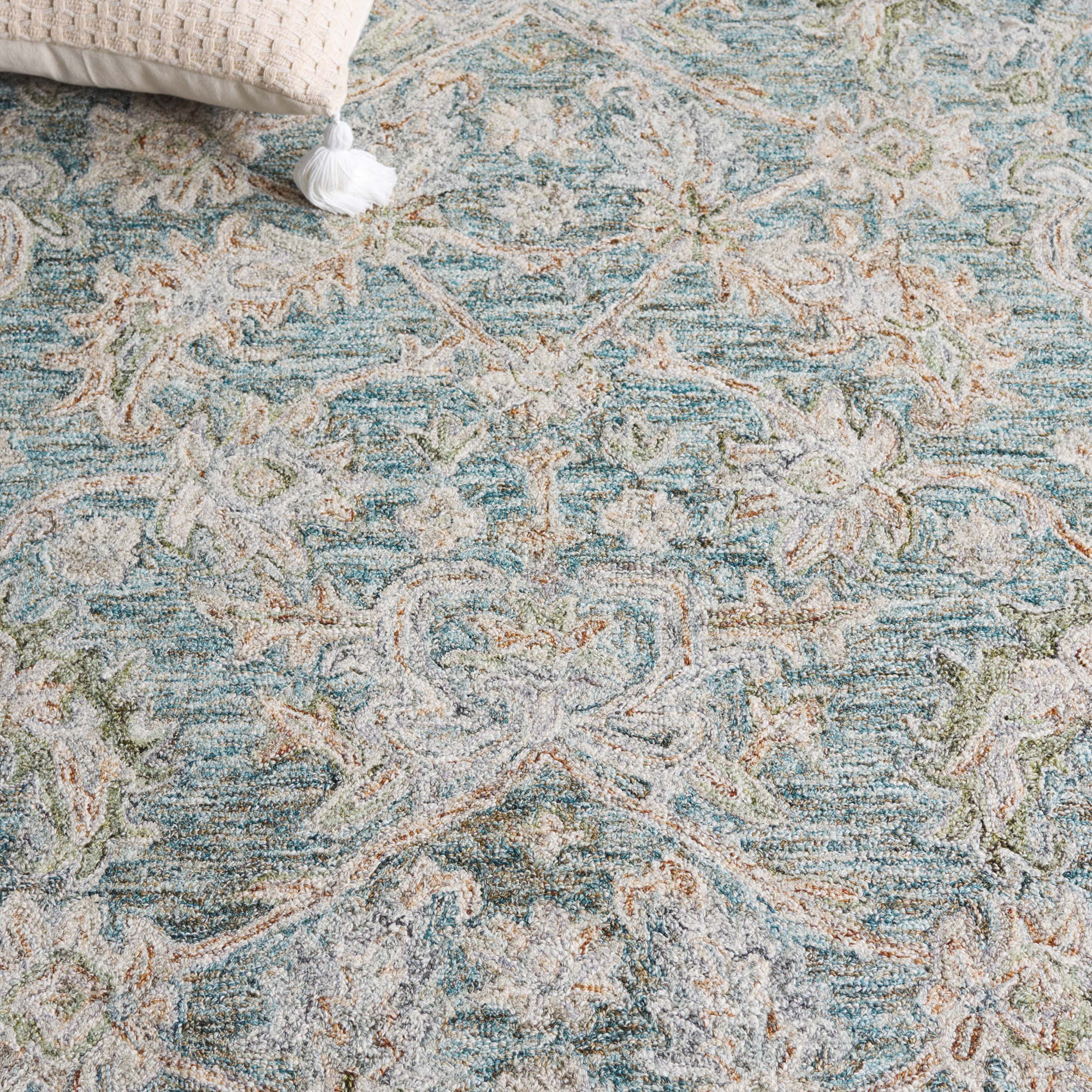 Zenaida Hand Tufted Wool/Cotton Oriental Rug in Teal/Green, Square 4'