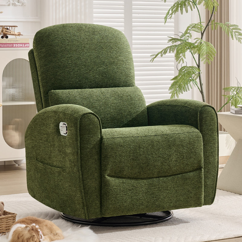 32" W Modern Chenille Swivel Rocker Glider Nursery Recliner with Adjustable Headrest and Lumbar Support, Green Chenille