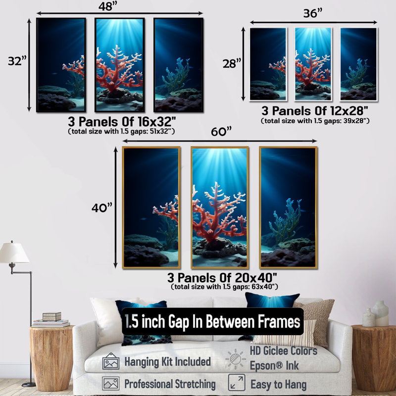 Ensemble de décorations murales corail sous l'eau, Cadre flottant blanc, H 40 po x l 60 po x P 1 po