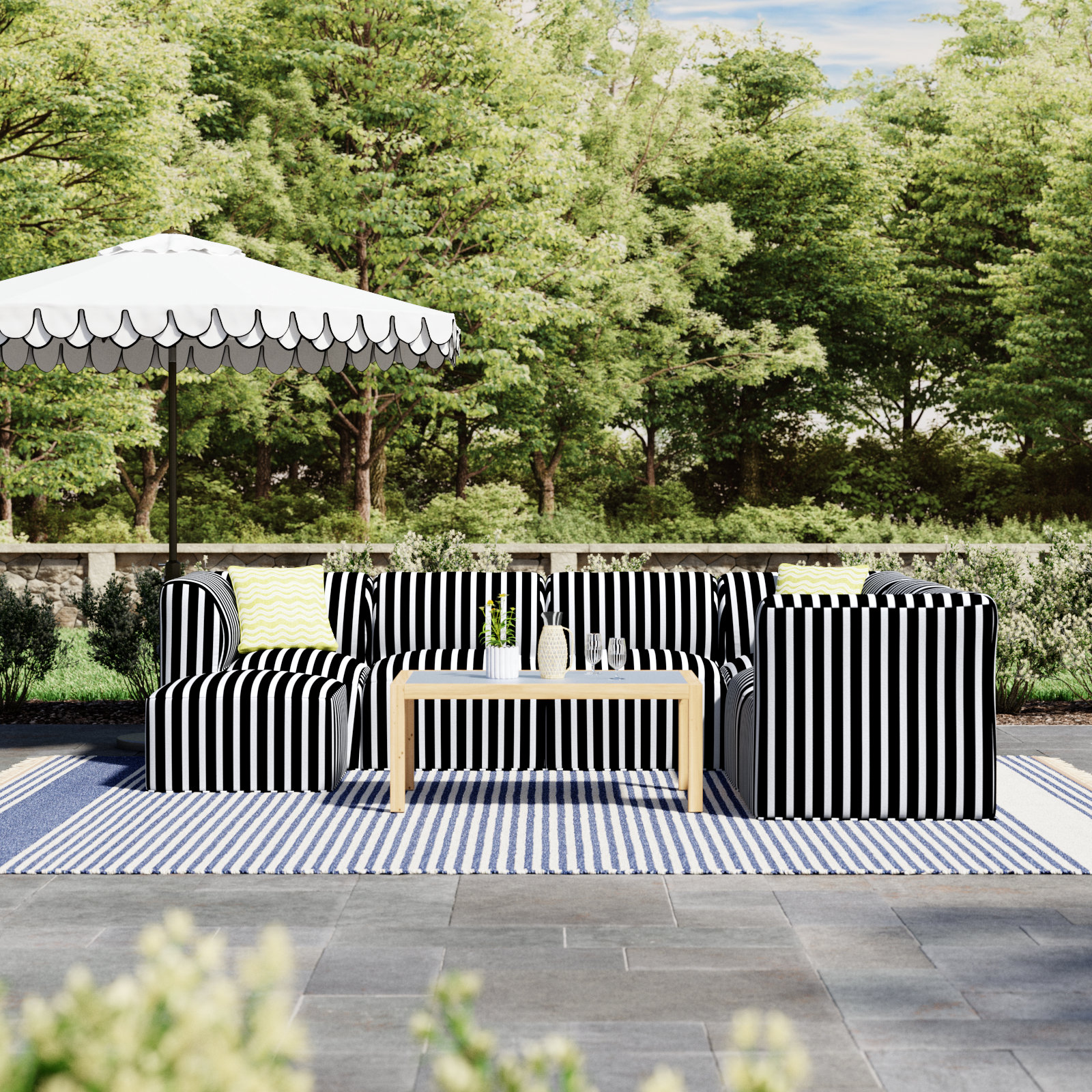 Eliana 124" Sunbrella® Patio Sectional, Shore Classic Black Stripe Sunbrella®