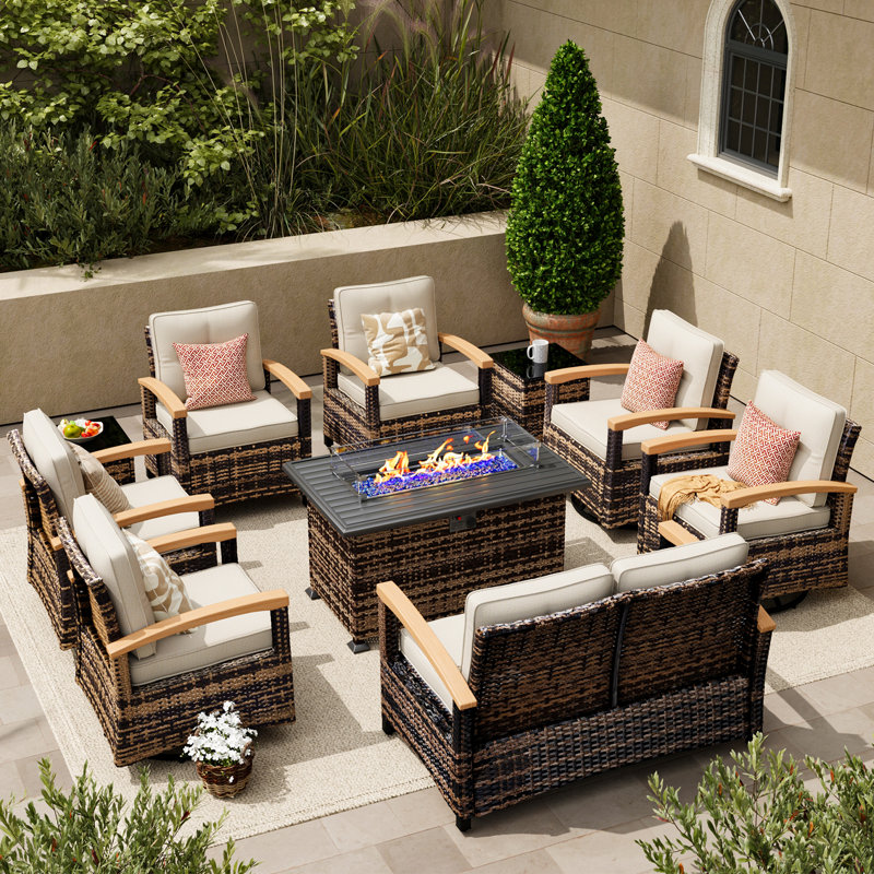 Ensemble de meubles de patio 10 pièces avec foyer d'extérieur Meissalivve, ensembles de conversation pour l'extérieur en osier avec 4 chaises berçantes pivotantes, 2 chaises simples, canapé 2 places et table d'appoint